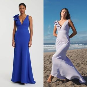 MAC DUGGAL Royal Blue Sleeveless V Neck Bow Detail Gown 4